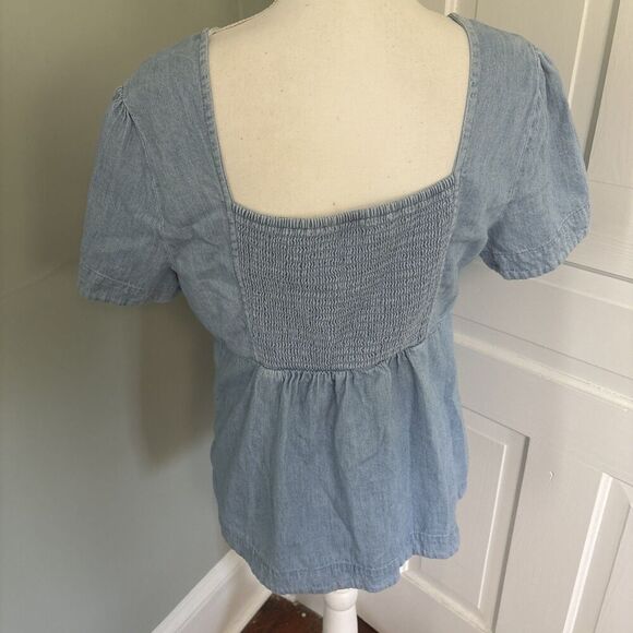 Old Navy Tie Front Denim Top Blouse Large Smocked Blue Western - Picture 4 of 6